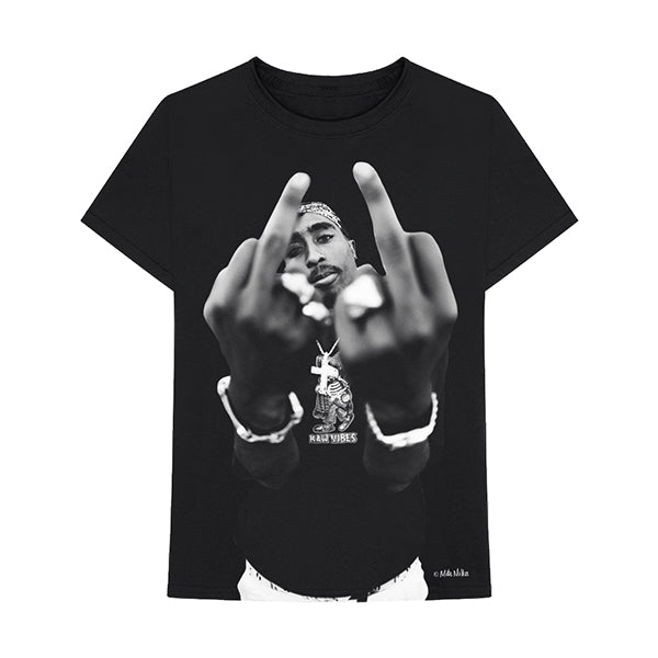 Tupac Shakur Black & White Middle Finger Black Short Sleeve T-Shirt