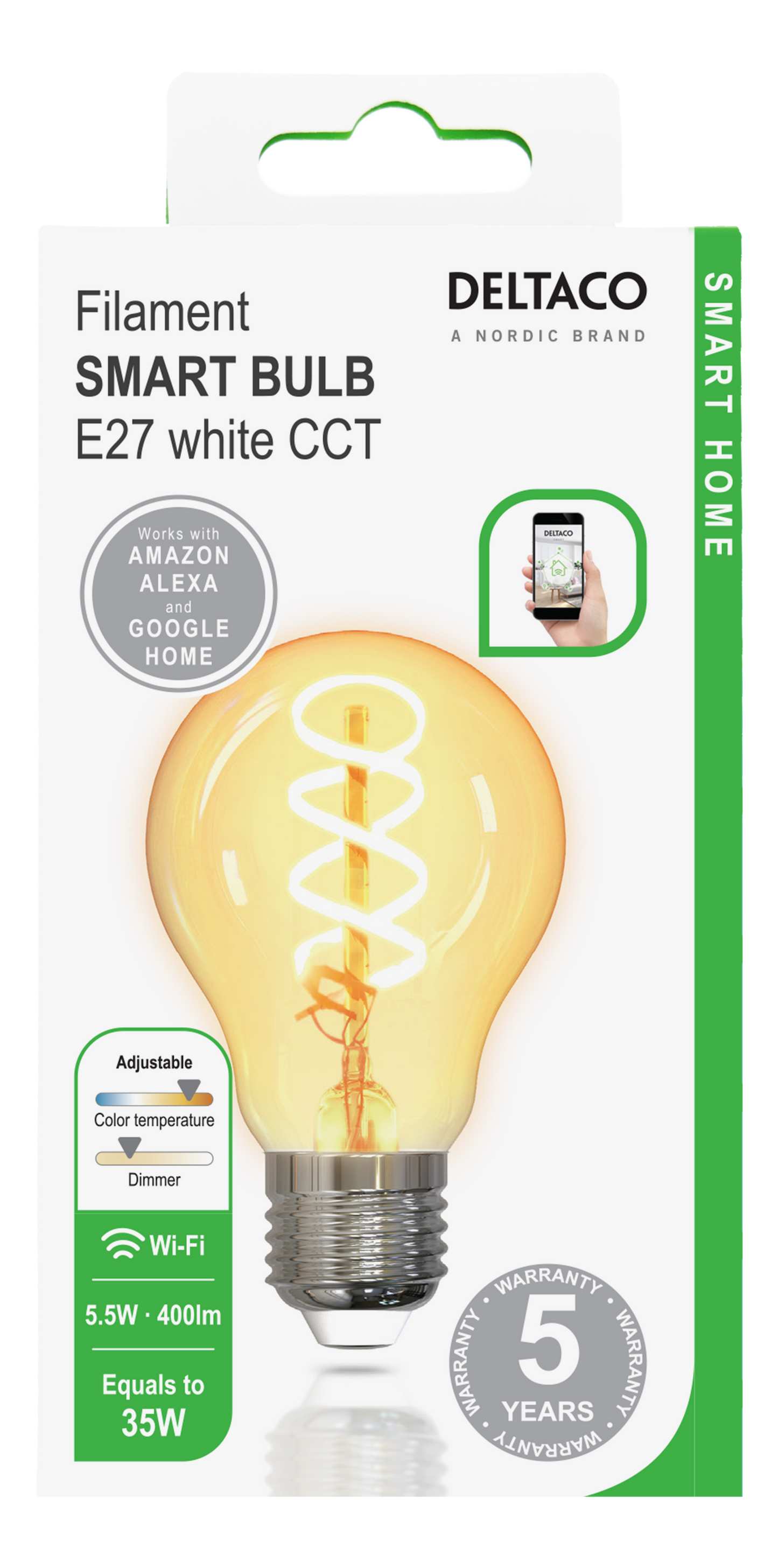 Deltaco Smart Home LED SH-LFE27A60S A60, E27, 5.5W, Wi-Fi 2.GHz White CCT Smart Bulb
