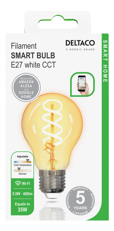 Deltaco Smart Home LED SH-LFE27A60S A60, E27, 5.5W, Wi-Fi 2.GHz White CCT Smart Bulb