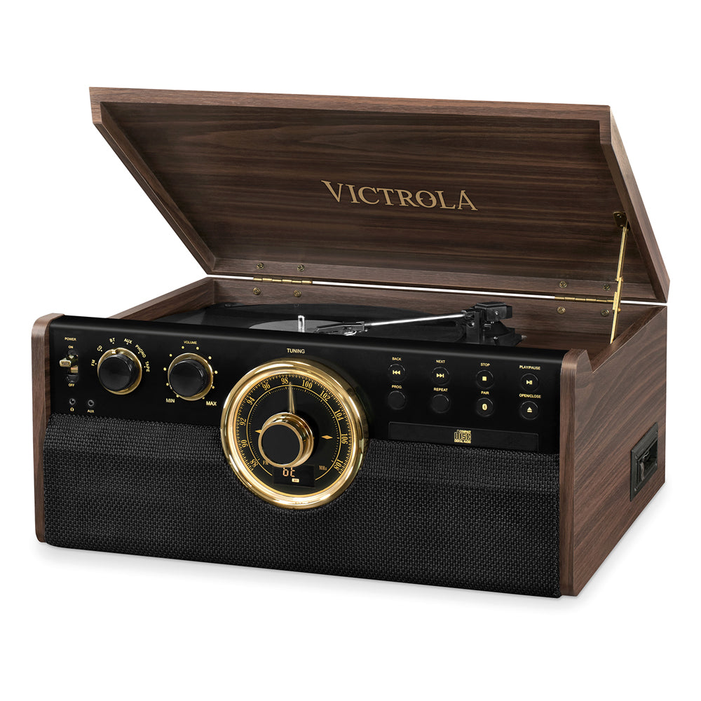 Victrola The Empire VTA-270B 6-in-1 Wood Bluetooth Mid Century Record Player with 3-Speed Turntable, CD, Cassette Player and Radio Music Centre