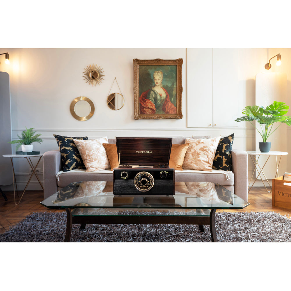 Victrola Empire Junior VTA-240B  4-in-1 Wood Bluetooth Mid Century Record Player with 3-Speed Turntable and FM Radio Music Centre