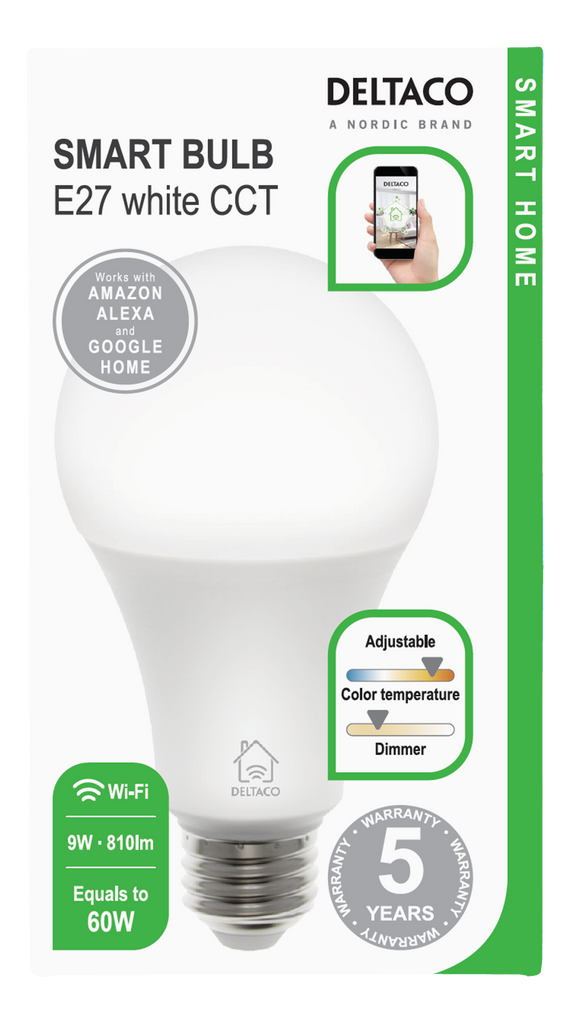 Deltaco Smart Home LED SH LE27W E27 9W Wi Fi 2.GHz White CCT