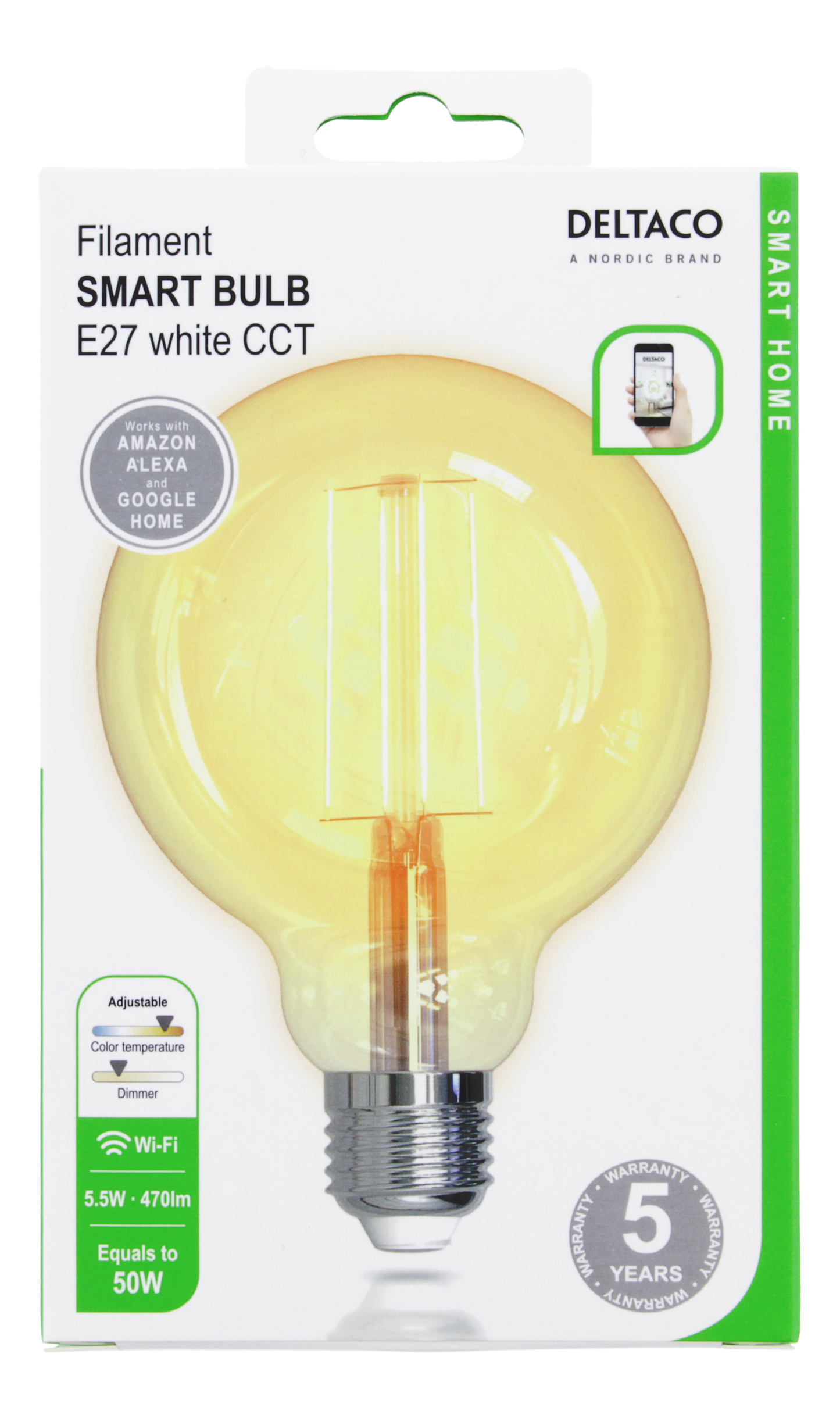 Deltaco Smart Home LED SH-LFE27G95 G95, E27, 5.5W, Wi-Fi 2.GHz White CCT Smart Bulb
