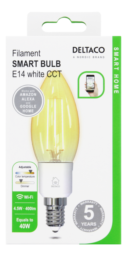 Deltaco Smart Home LED SH-LFE14C35 C35, E14, 4.5W, Wi-Fi 2.GHz White CCT Smart Bulb