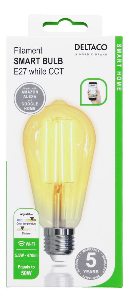 Deltaco Smart Home LED SH-LFE27ST64 ST64, E27, 5.5W, Wi-Fi 2.GHz White CCT Smart Bulb